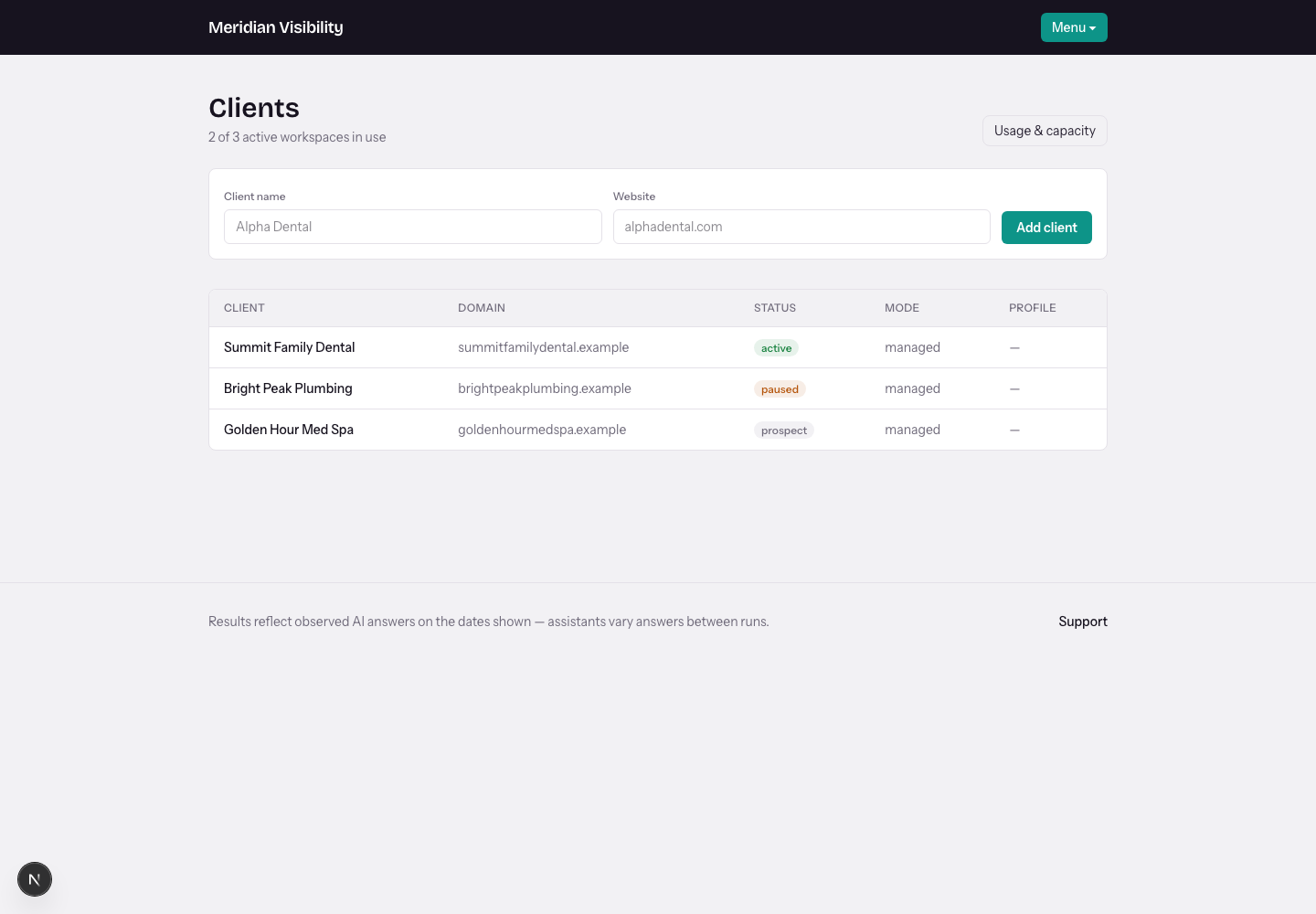 Your client console: prospects, active workspaces, capacity